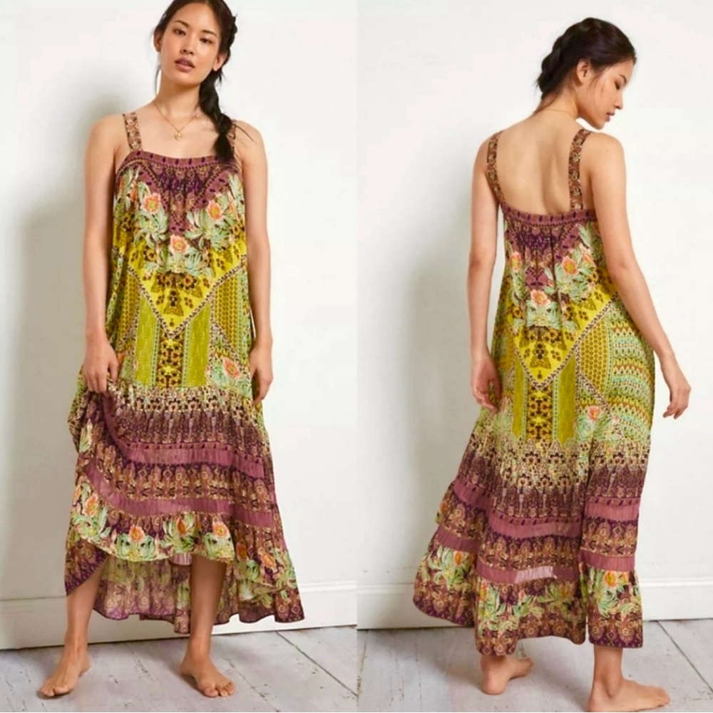 Gorgeous Anthropologie Purple & Green Floral Mixed Print Tiered Maxi Dress